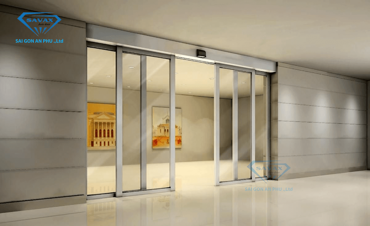 Mẫu cửa kéo tự động kính khung inox cho công trình
