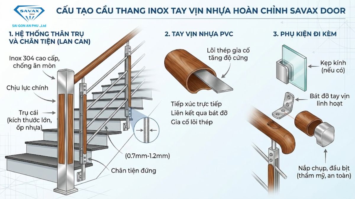 cấu tạo cầu thang inox tay vịn nhựa