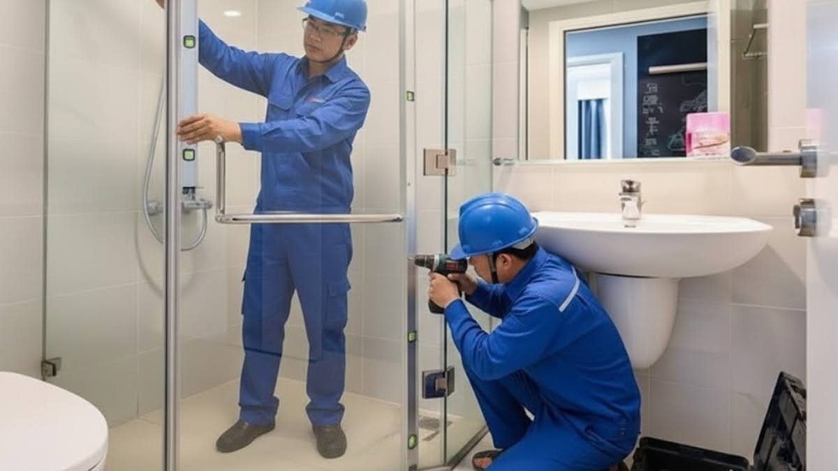 Kỹ thuật viên Savax Door lắp đặt cabin tắm 135 độ