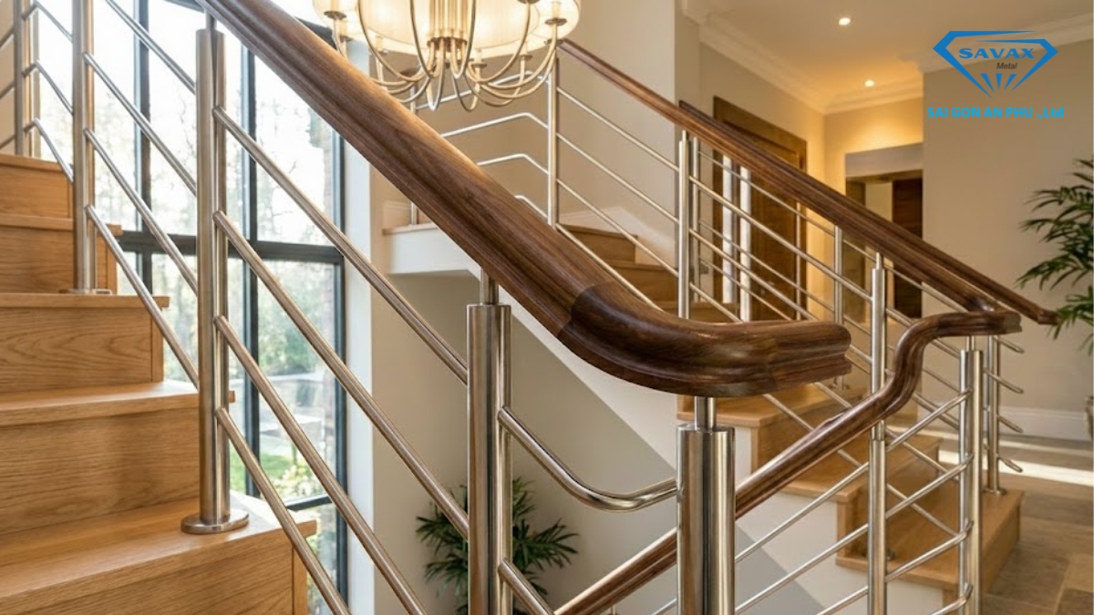 lan can cầu thang inox tay vịn gỗ