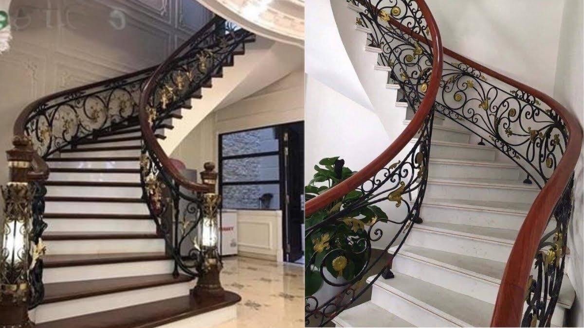 Lan can cầu thang inox tay vịn gỗ cao cấp