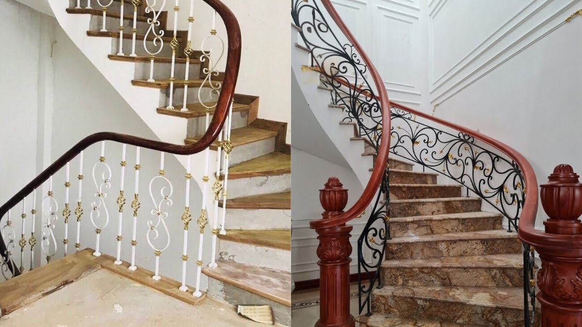 Lan can cầu thang inox tay vịn gỗ chất lượng tốt