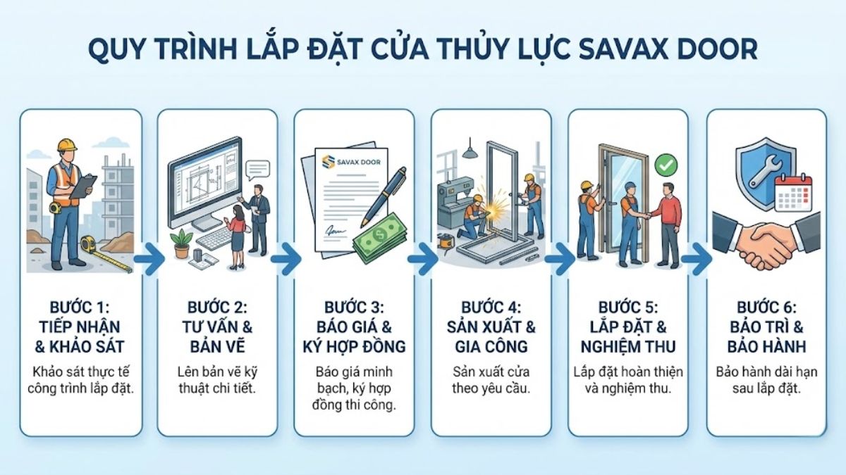quy trình lắp cửa thủy lực khung inox