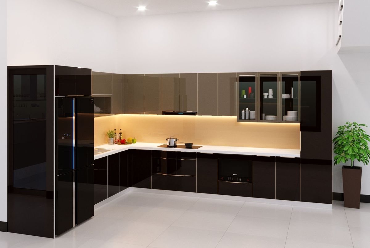Mẫu tủ bếp inox kính cường lực cao cấp