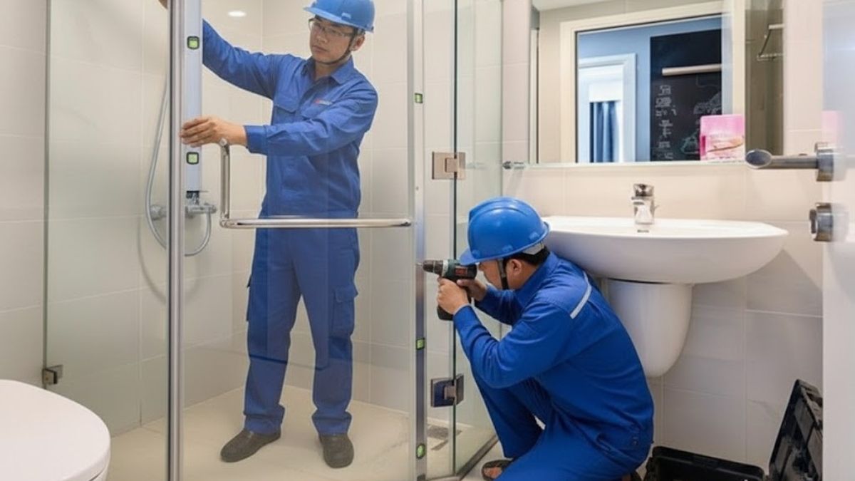 thi công cabin tắm 135 độ