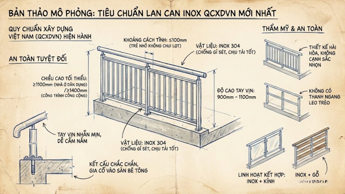 Tiêu chuẩn kích thước lan can inox